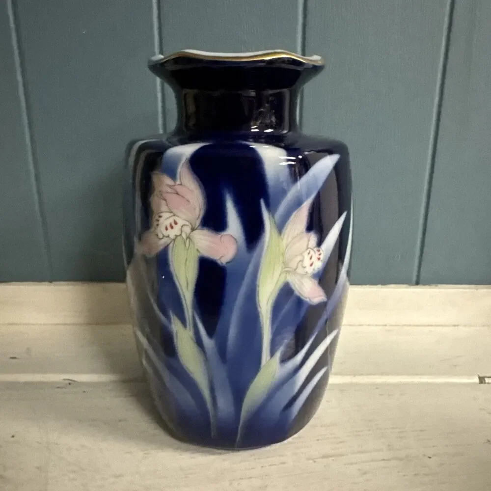 Vtg Pier 1 Import‎ Japanese Cobalt Blue Vase Porcelain Pink Orchid Flower